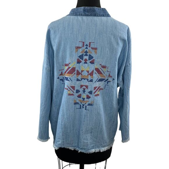 Sun + Stone Jackets & Blazers - SUN + STONE Blue Chambray Embroidered Raw Hem Open Cardigan Jacket Aztec Boho S